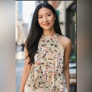 Cato Beige Floral Halter Blouse M | Sleeveless Layered Ruffle Top